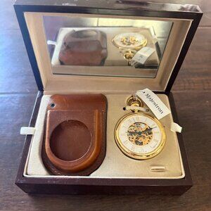 VTG Swiss Made Majestron Quartz Gold Tone Pocket Watch, New In Box w/ Documents